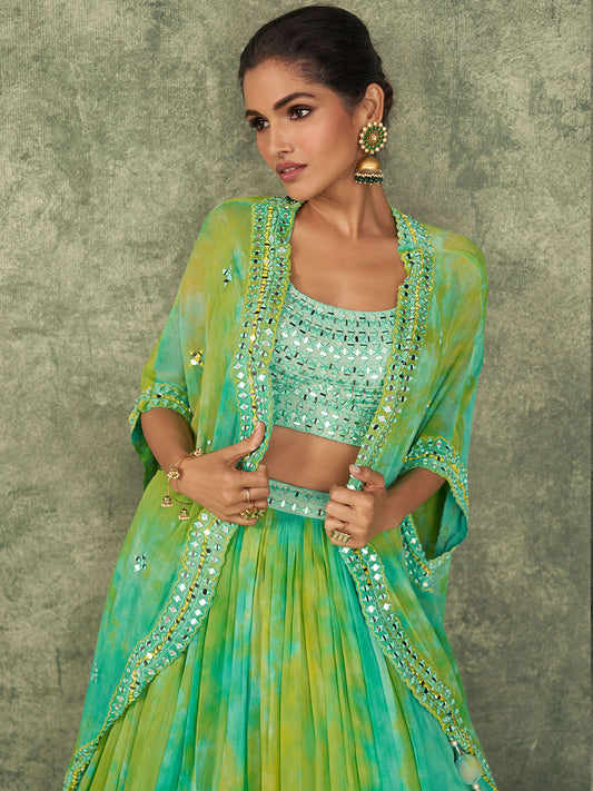 Mirror Thread Georgette Blouse And Jacket Style Lehenga