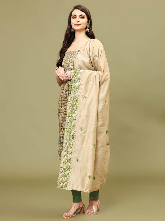 Neck Patti Chanderi Unstitched Suit Piece With Dupatta