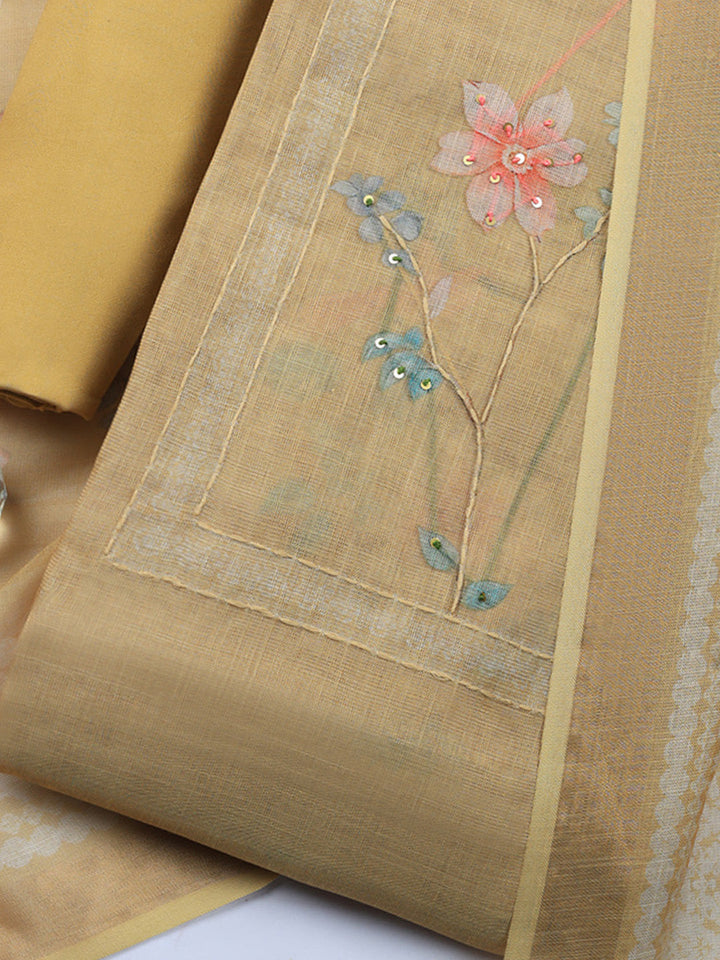 Printed Linen Blend Unstitched Suit With Pant &amp; Dupatta