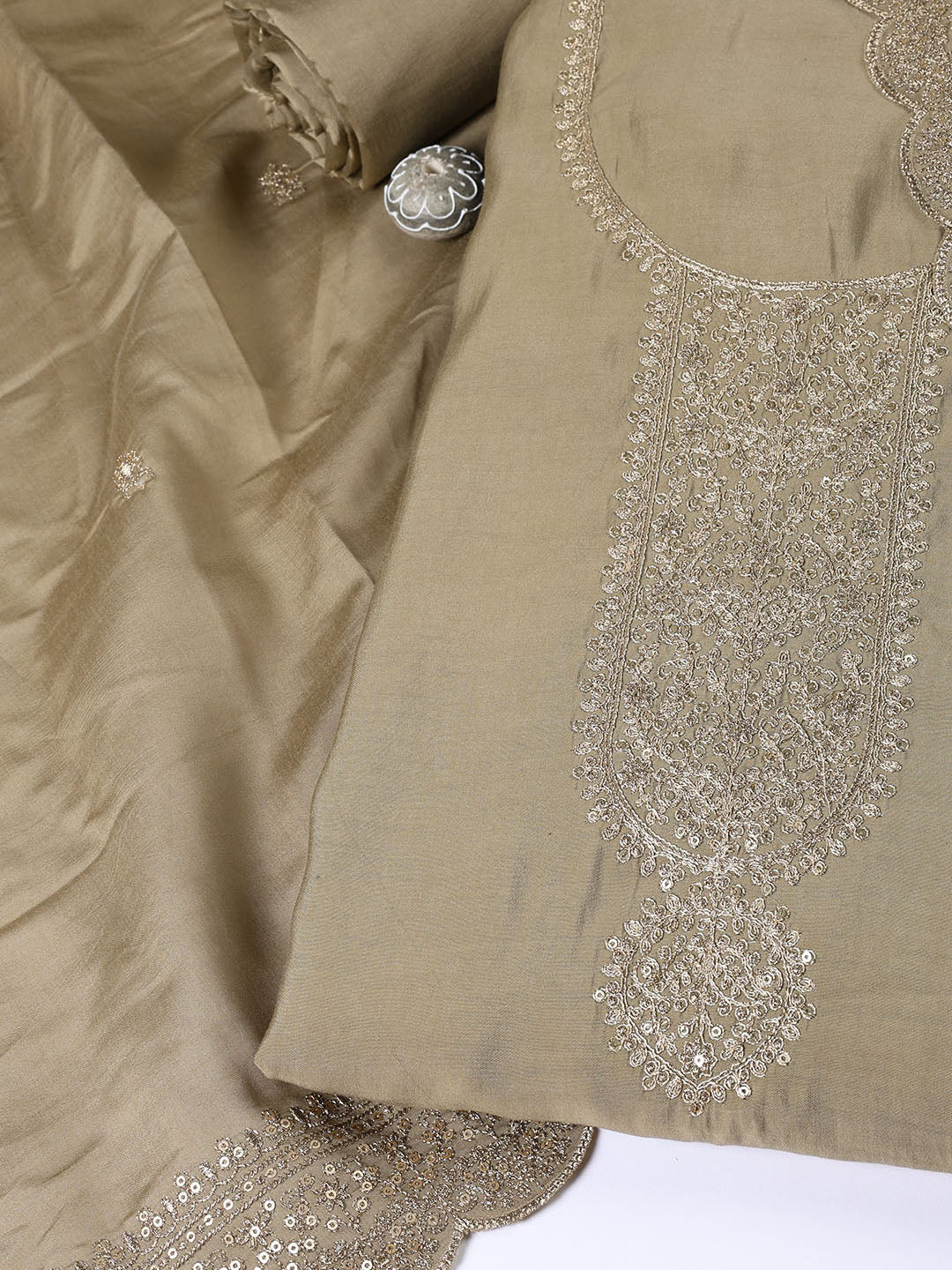 Neck Embroidered Chanderi Unstitched Suit Piece With Dupatta