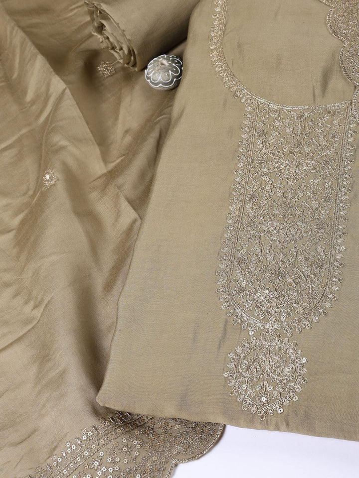 Neck Embroidered Chanderi Unstitched Suit Piece With Dupatta