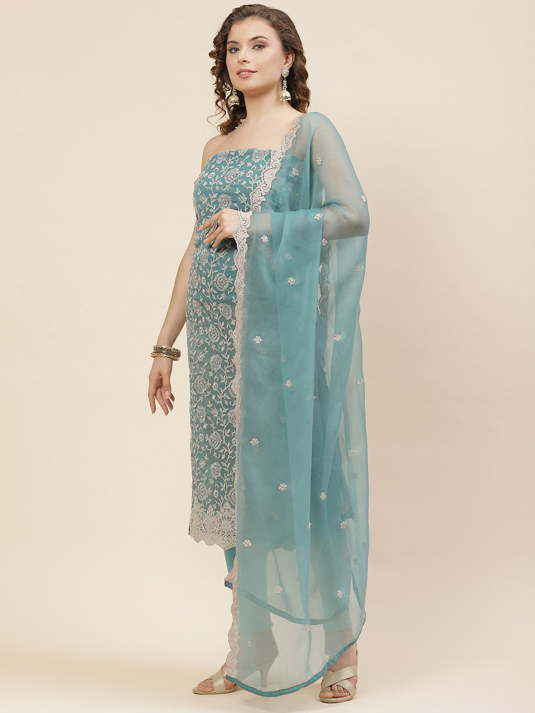 Floral Embroidered Chiffon Unstitched Suit Piece With Dupatta