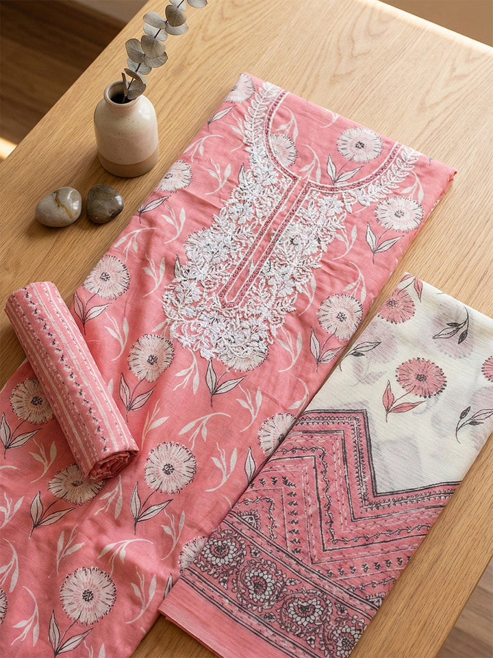 Embroidered Cotton Blend Unstitched Suit With Pant &amp; Dupatta