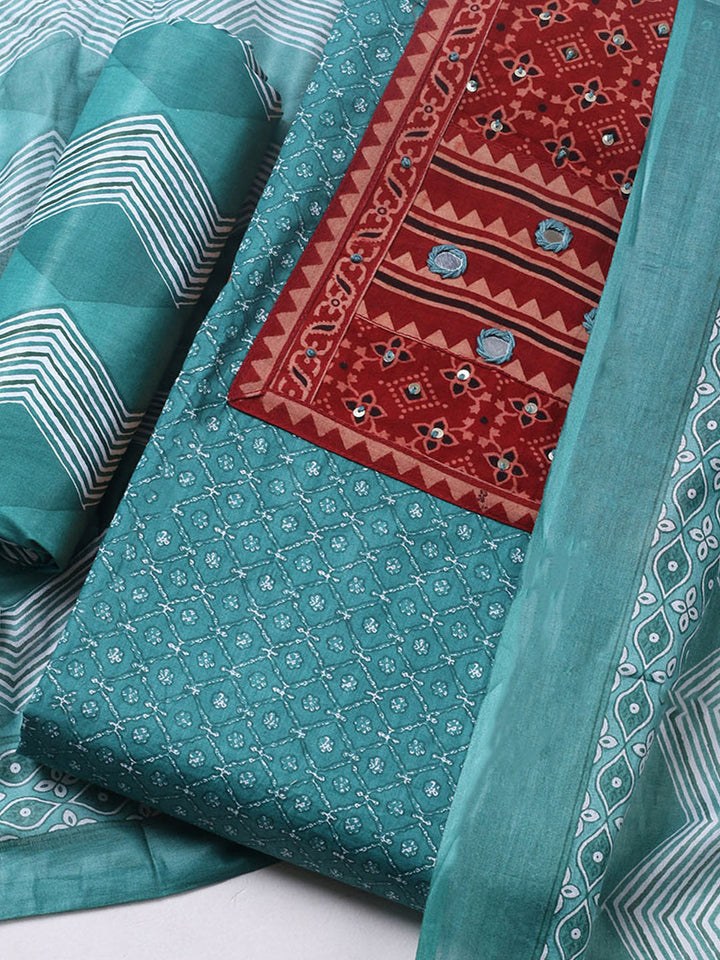 Printed Cotton Blend Unstitched Suit With Pant &amp; Dupatta