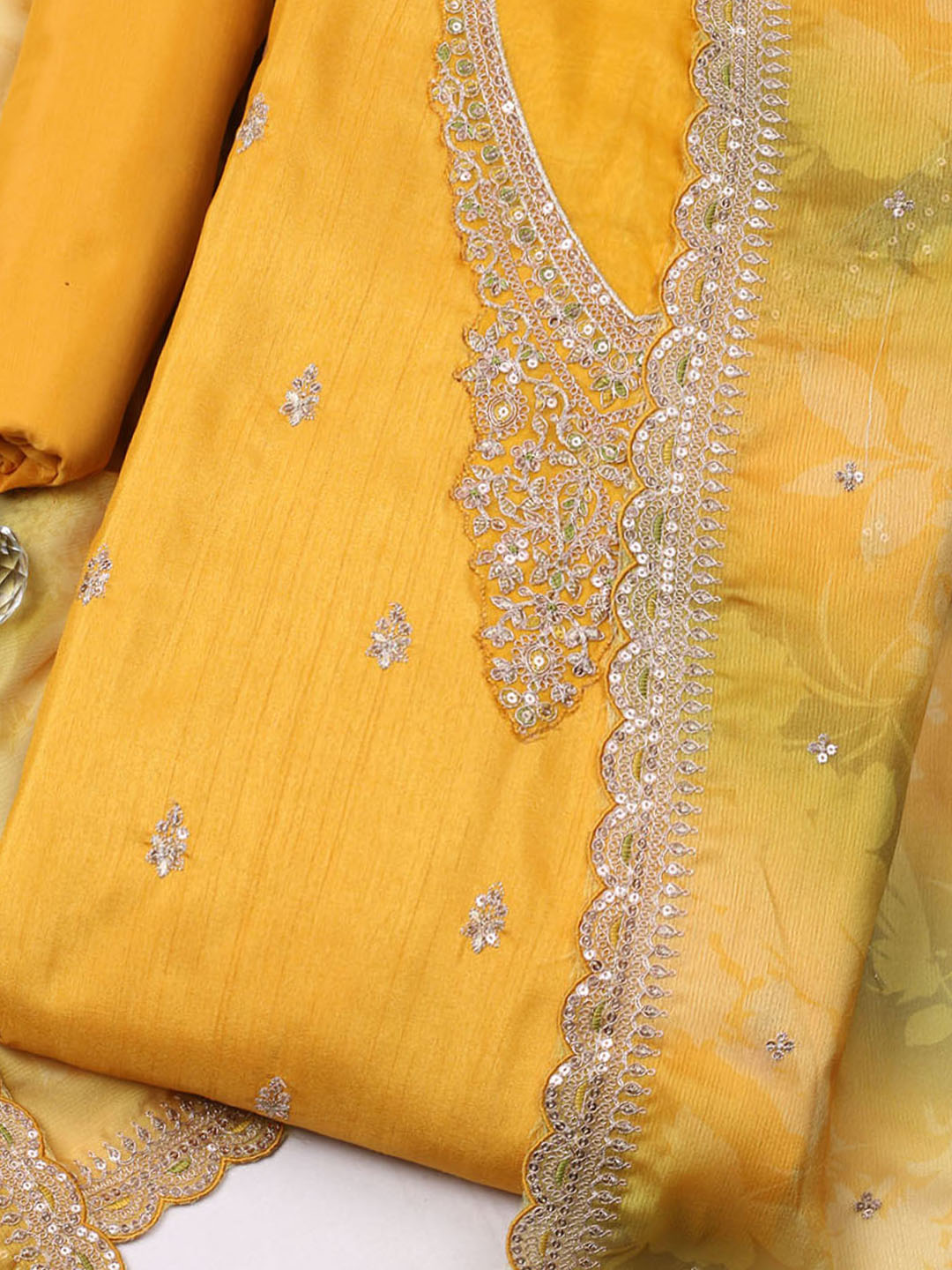 Embroidered Art Silk Unstitched Suit With Pant &amp; Dupatta