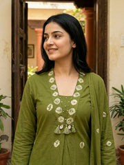 Embroidered Cotton Blend Kurta With Pant & Dupatta