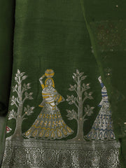 Woven Design Chanderi Green Unstitched Suit With Pant & Dupatta