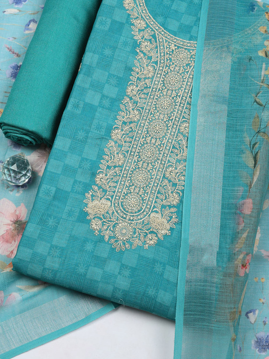 Embroidered Linen Blend Unstitched Suit With Pant &amp; Dupatta