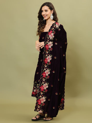 Embroidered Velvet Unstitched Suit Piece With Dupatta