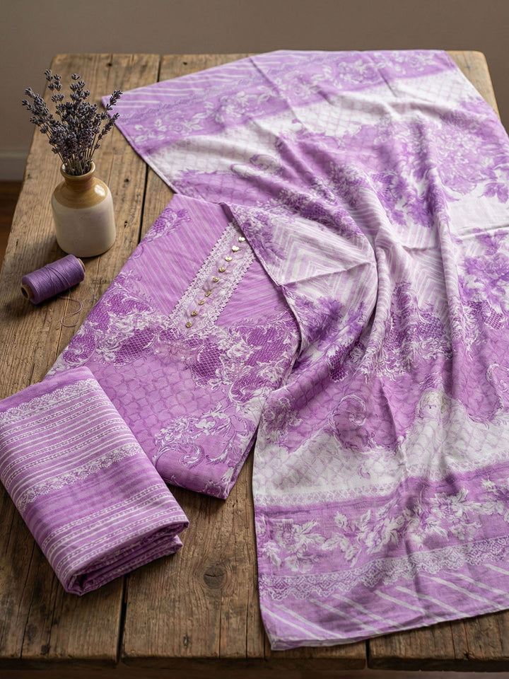 Embellished Cotton Blend Unstitched Suit With Pant &amp; Dupatta