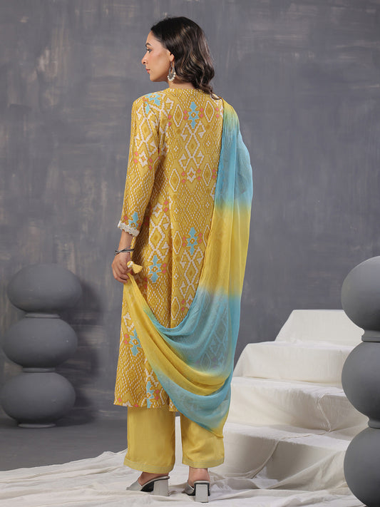 Neck Embroidery Muslin Kurta With Pants & Dupatta