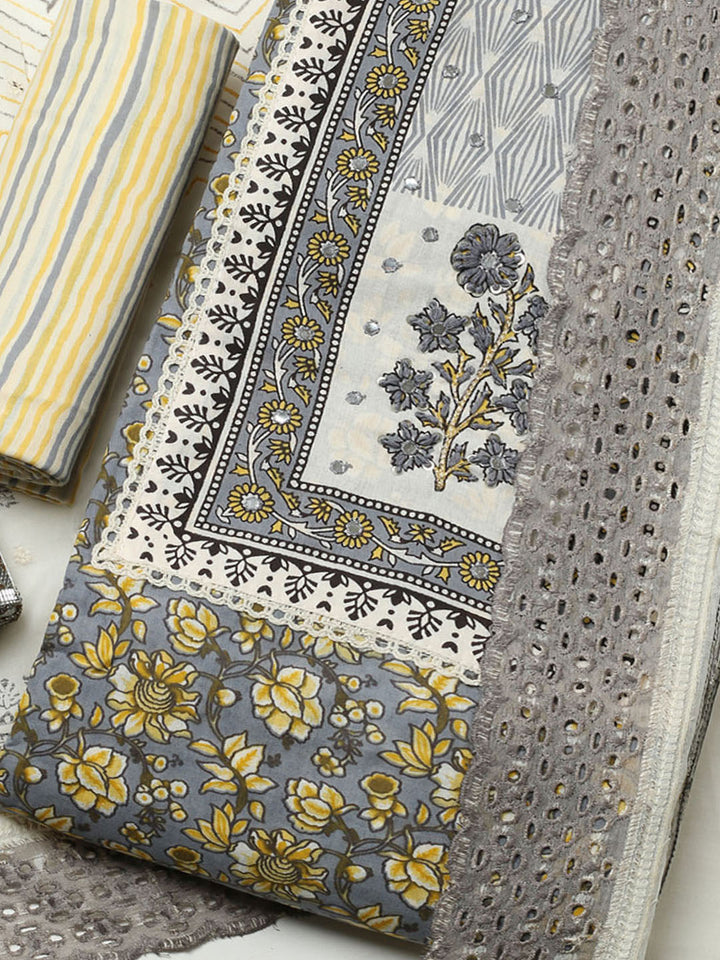 Printed Cotton Blend Unstitched Suit With Pant &amp; Dupatta