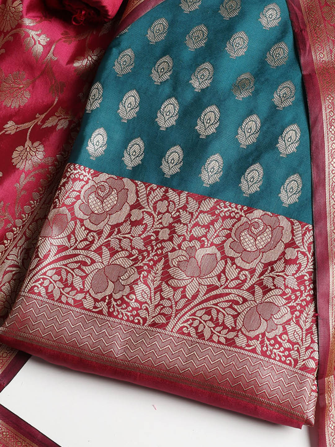 Woven Banarasi Chanderi Unstitched Suit With Dupatta