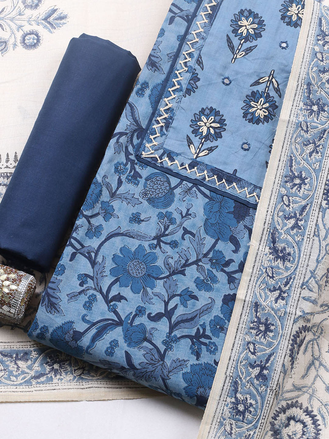 Printed Cotton Blend Unstitched Suit With Pant &amp; Dupatta