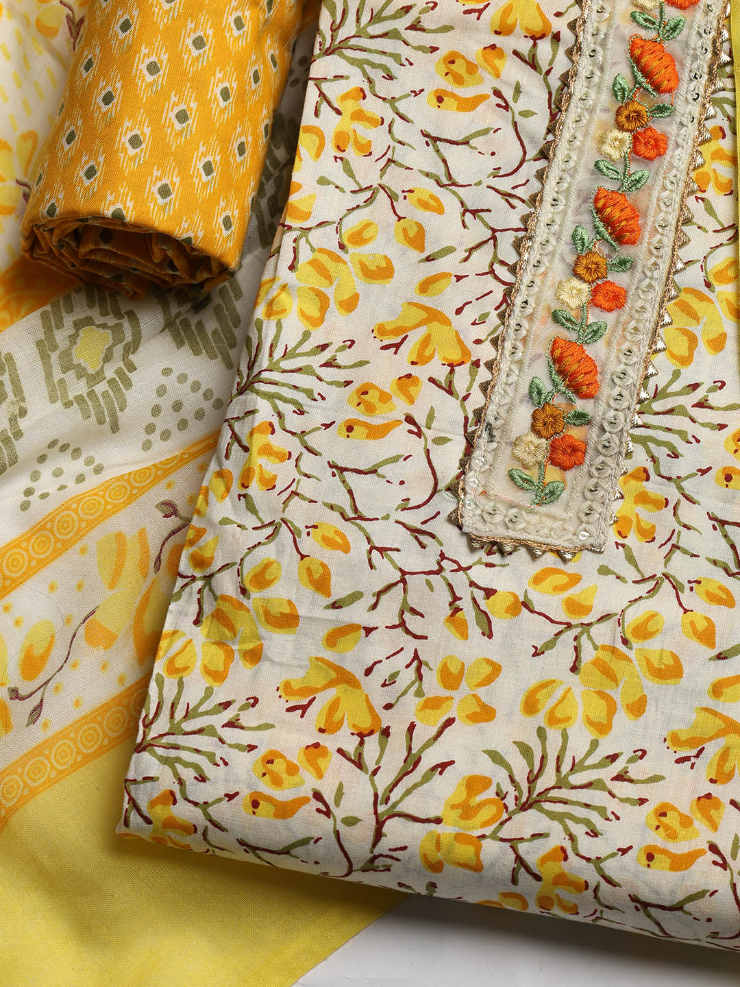 Printed Cotton Blend Unstitched Suit With Dupatta