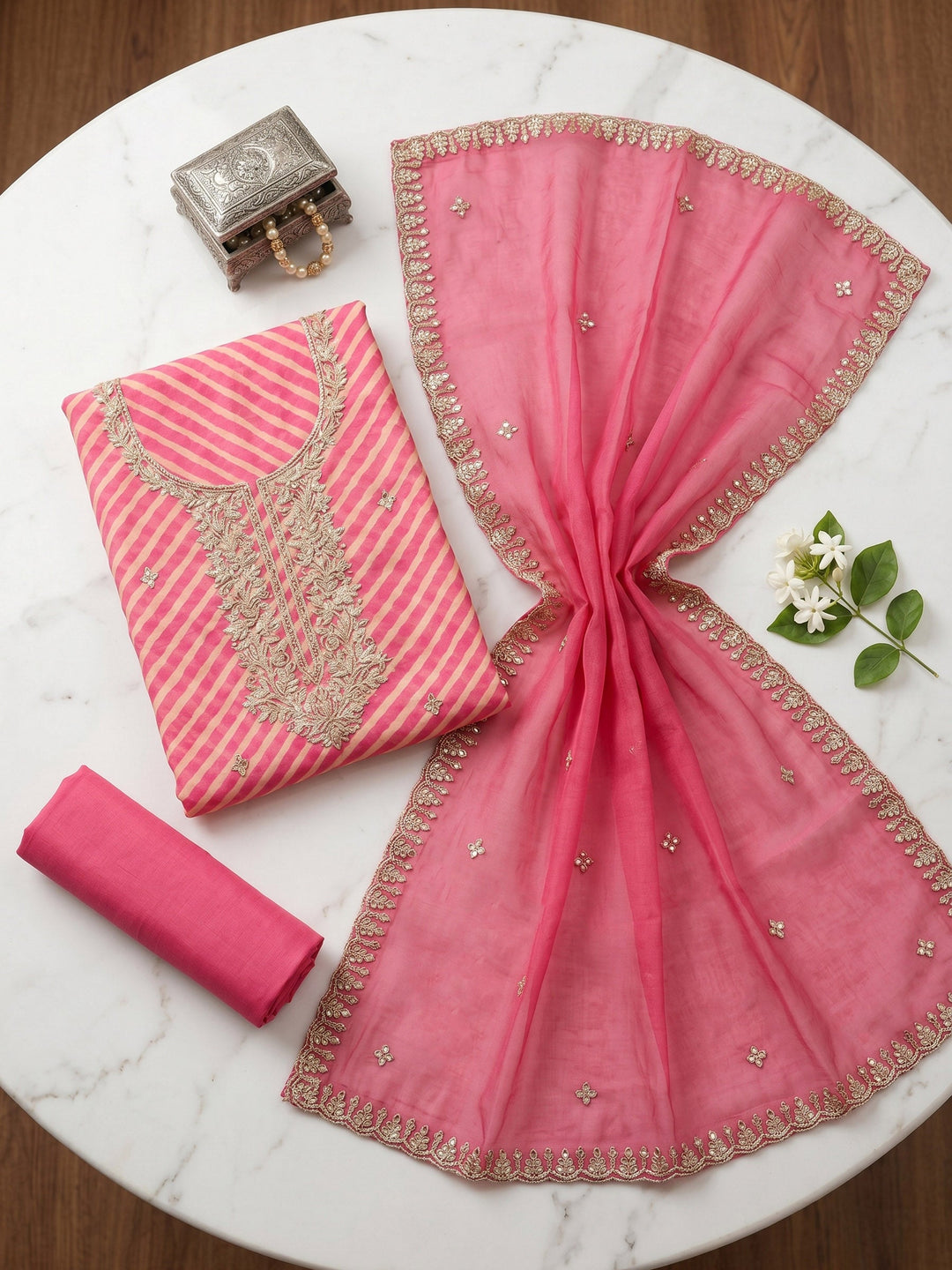 Neck Embroidered Organza Unstitched Suit With Dupatta