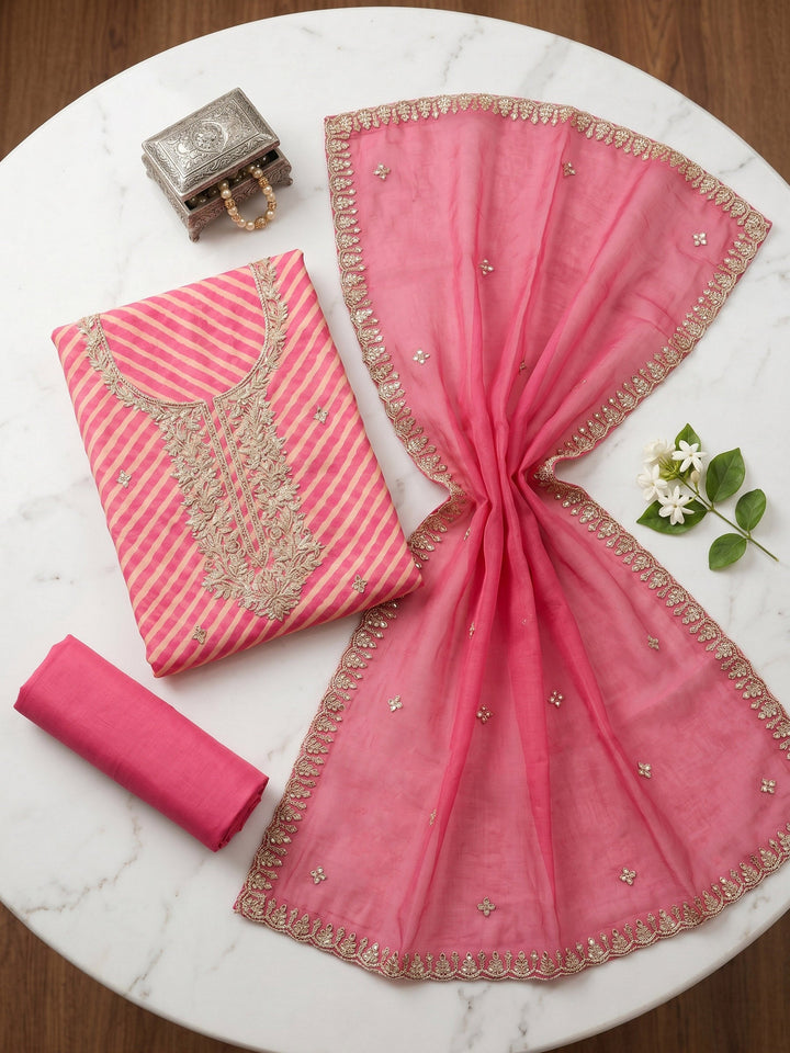 Neck Embroidered Organza Unstitched Suit With Dupatta