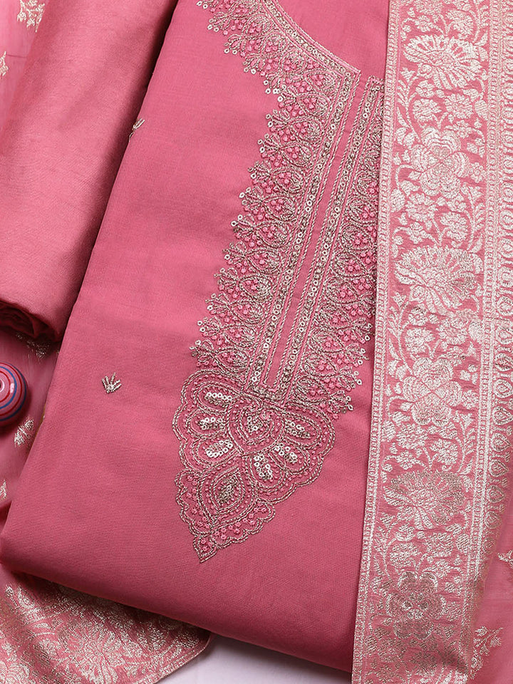 Embroidered Chanderi Unstitched Suit With Dupatta