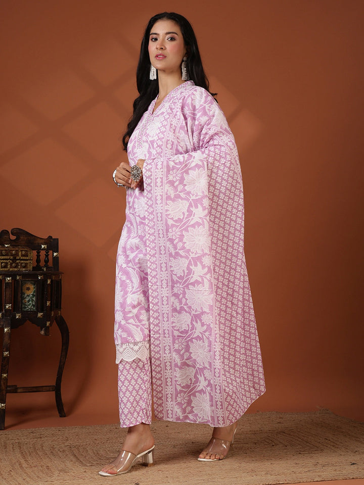 Printed Cotton Blend Kurta With Pant &amp; Dupatta