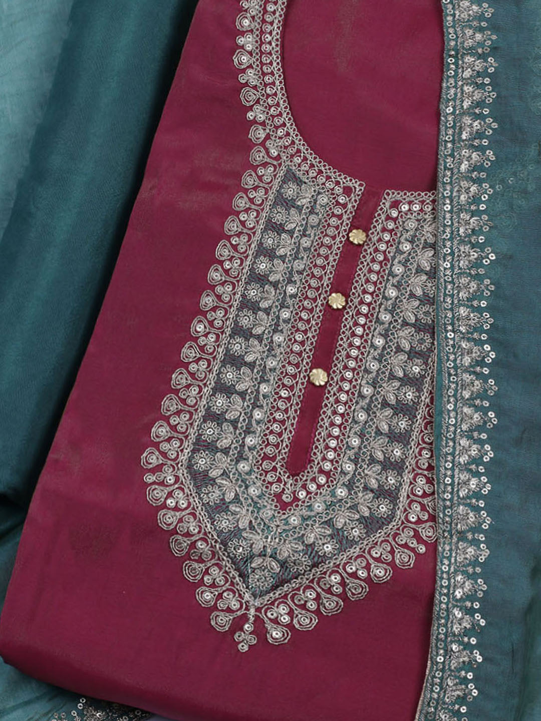 Neck Embroidered Chanderi Unstitched Suit With Dupatta