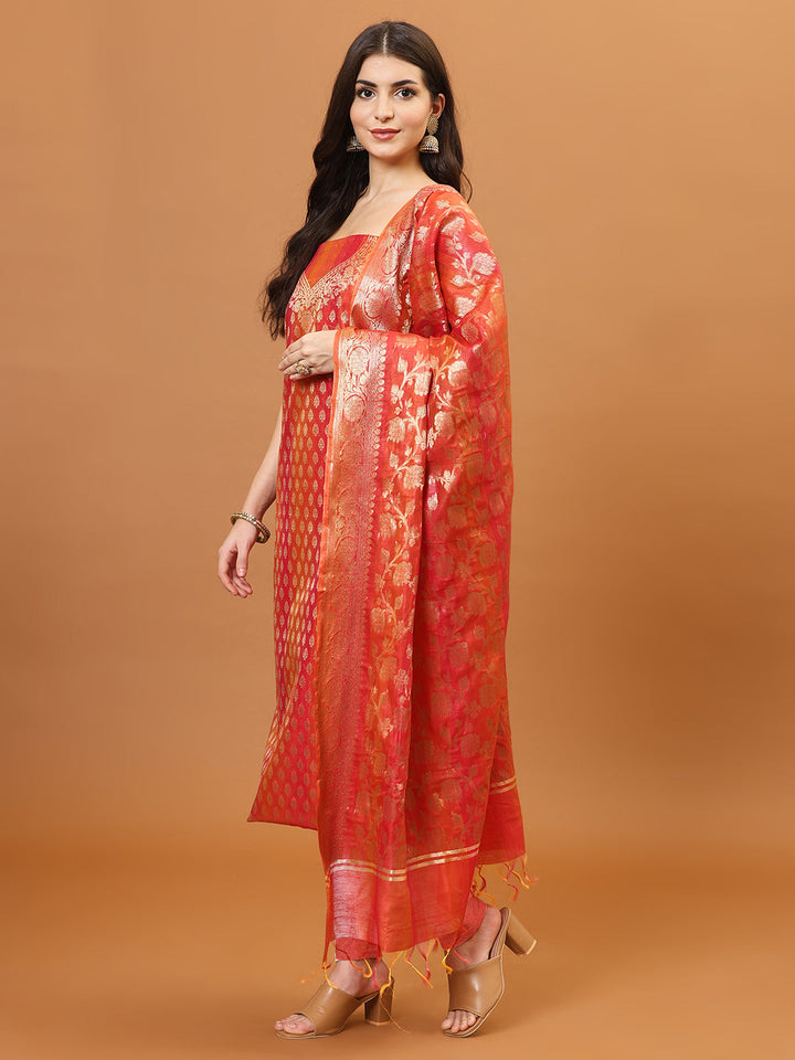 Woven Banarasi Chanderi Unstitched Suit With Dupatta