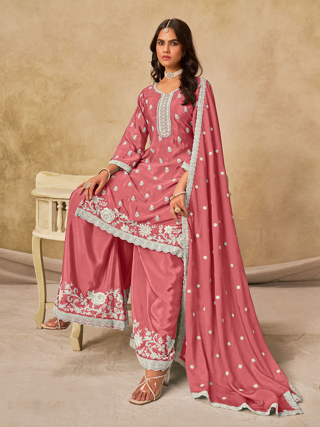 Embroidered Chinnon Semi Stitched Kurta With Plazzo &amp; Dupatta