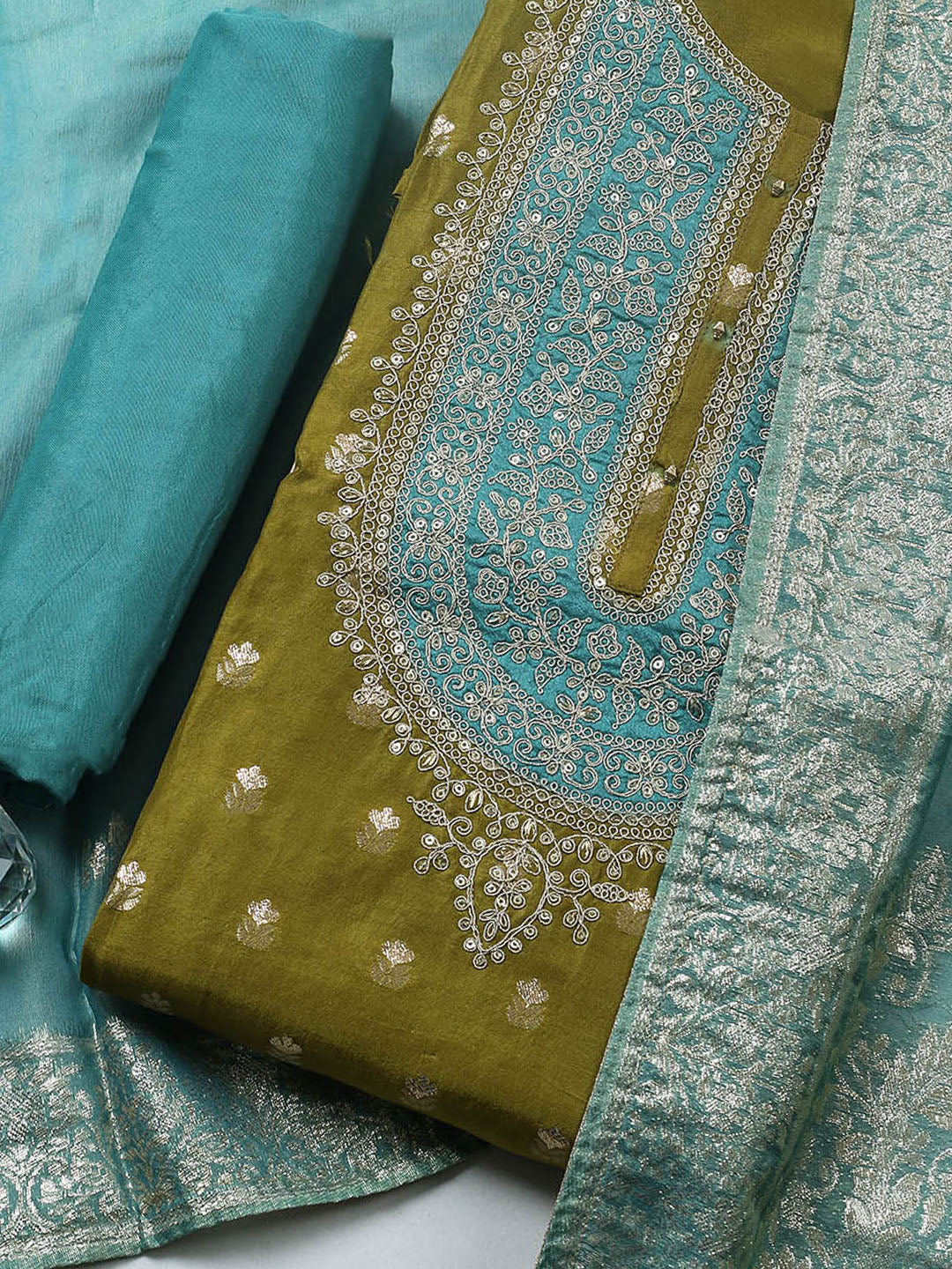 Embroidered Chanderi Unstitched Suit With Pant &amp; Dupatta