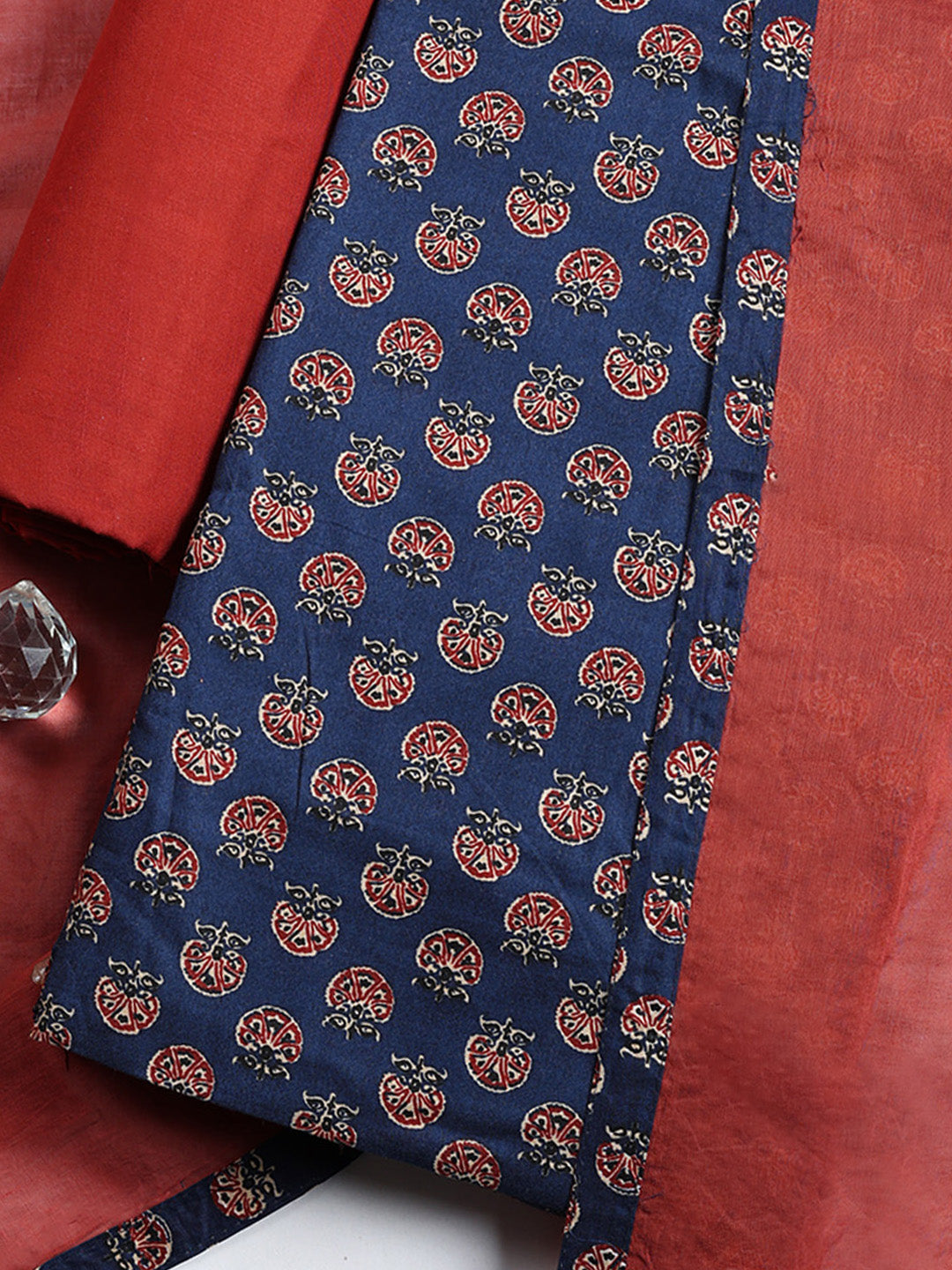 Printed Cotton Blend Unstitched Suit With Pant &amp; Dupatta