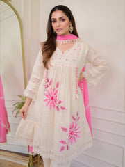 Embroidered Cotton Kurta With Pant & Dupatta