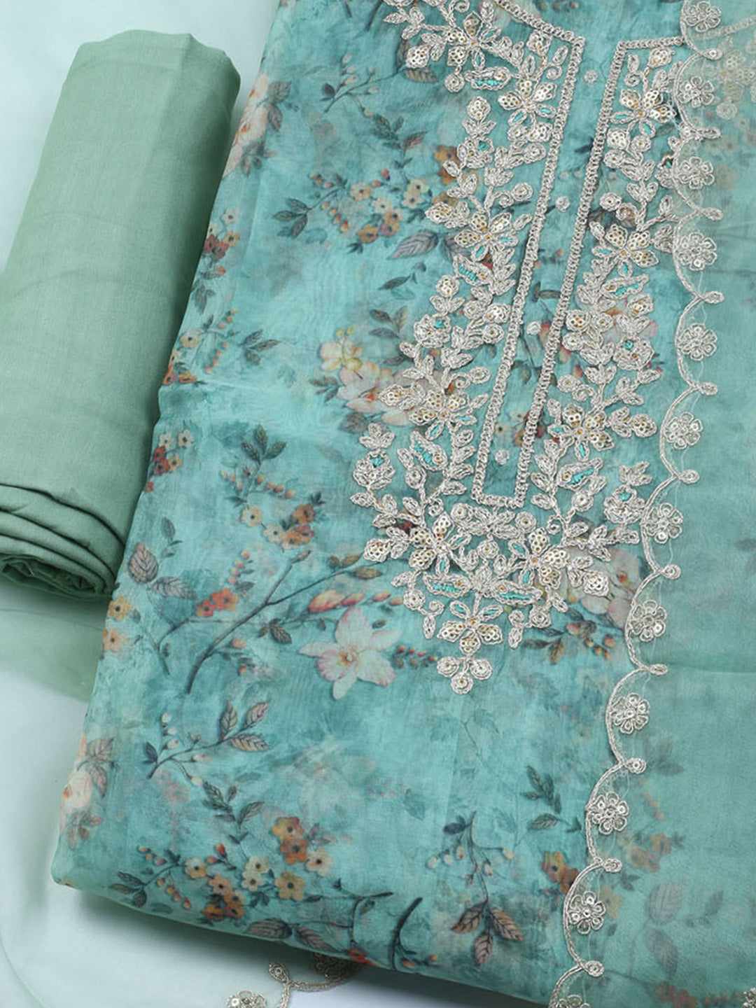 Neck Embroidered Organza Unstitched Suit With Dupatta