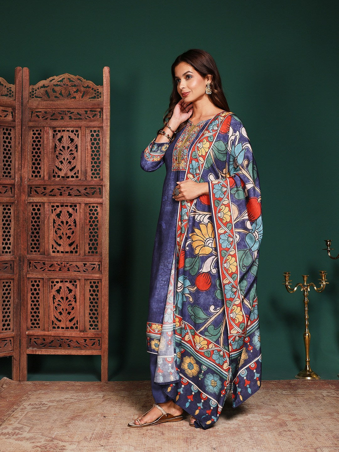 Floral Printed Muslin Kurta With Pant &amp; Dupatta