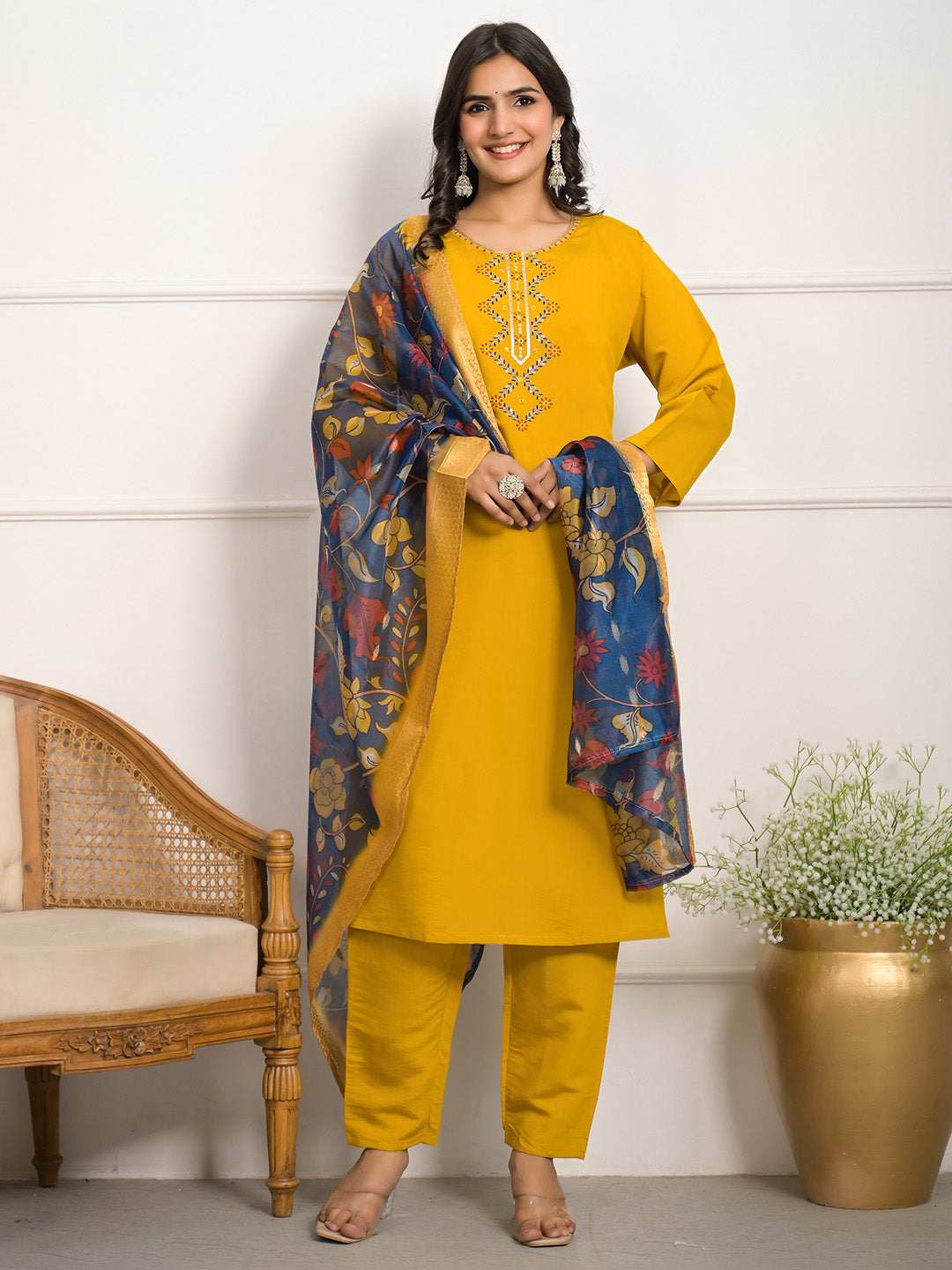 Neck Embroidered Muslin Kurta With Pants &amp; Dupatta