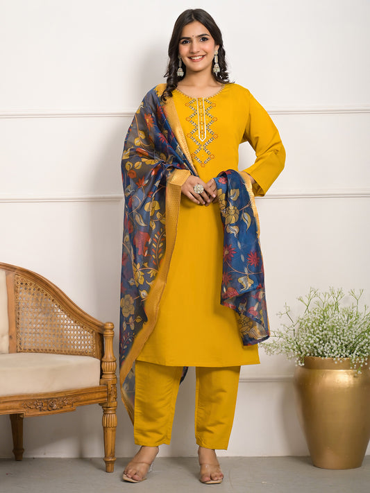 Neck Embroidered Muslin Kurta With Pants & Dupatta