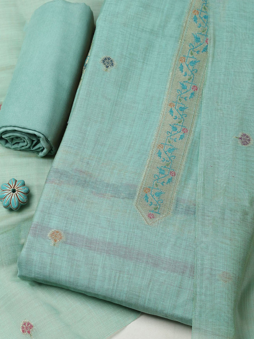 Embroidered Chanderi Unstitched Suit With Pant &amp; Dupatta