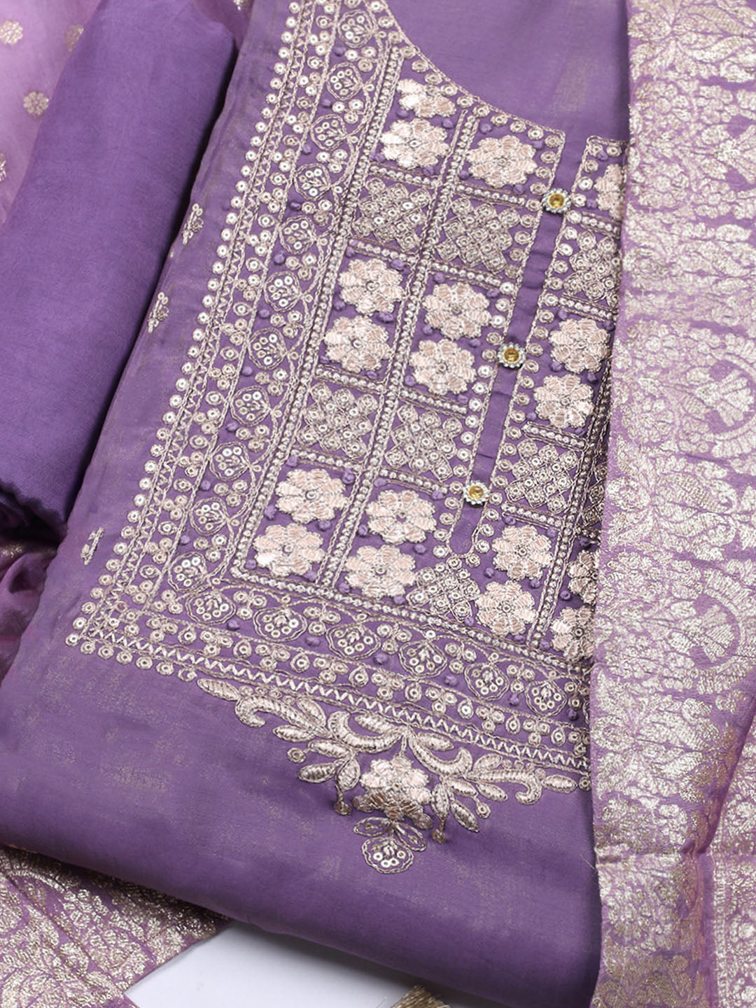 Neck Embroidered Chanderi Unstitched Suit With Dupatta