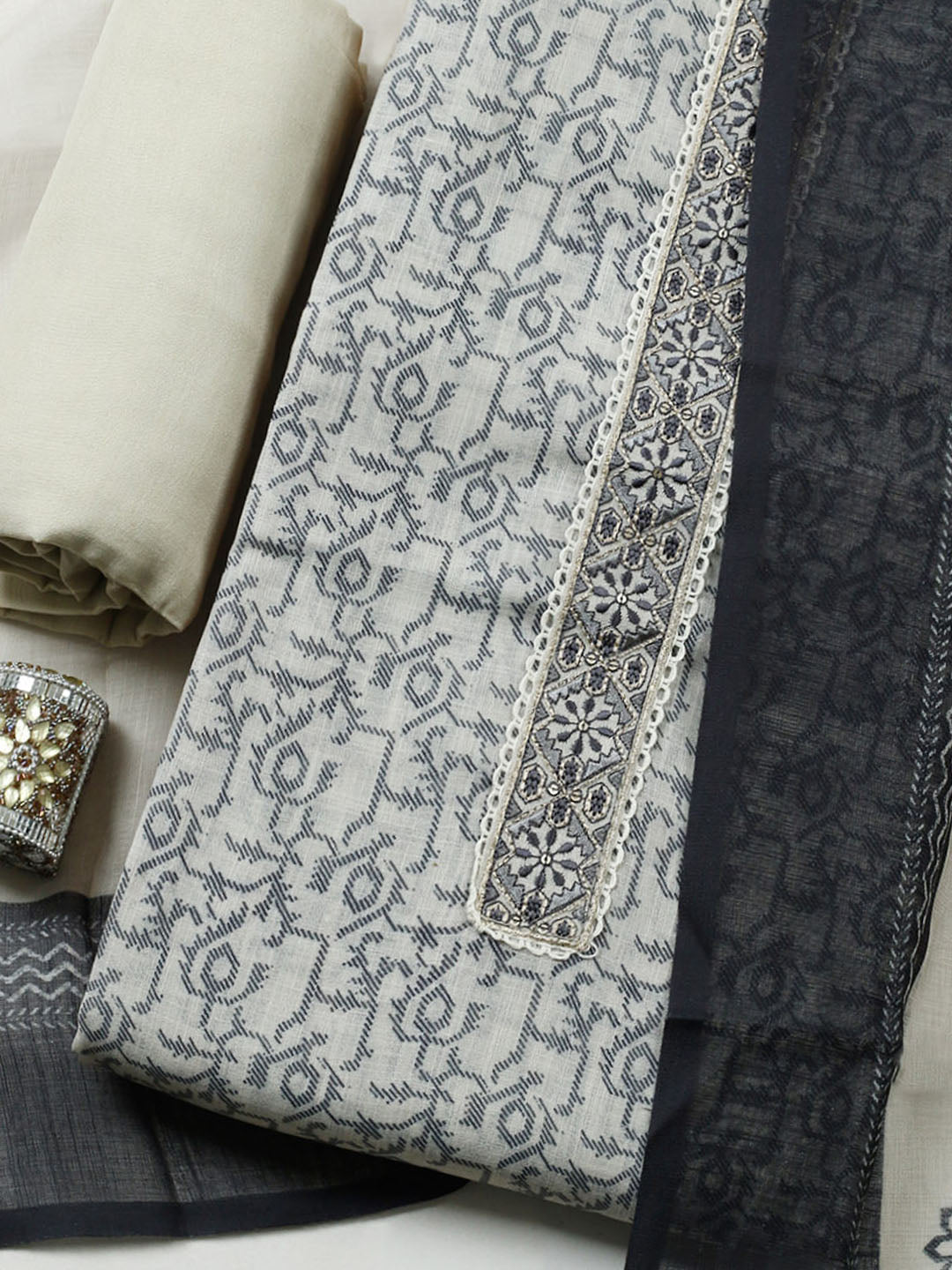 Embroidered Linen Blend Unstitched Suit With Pant Dupatta