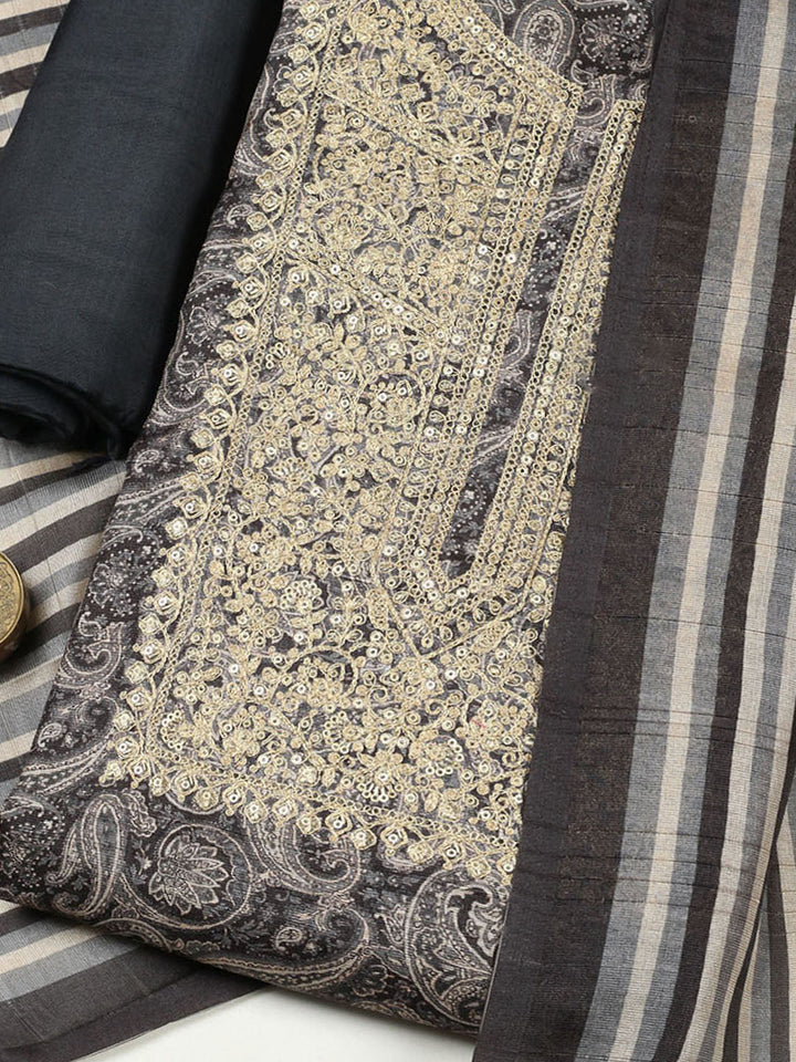 Embroidered Chanderi Unstitched Suit With Pant &amp; Dupatta