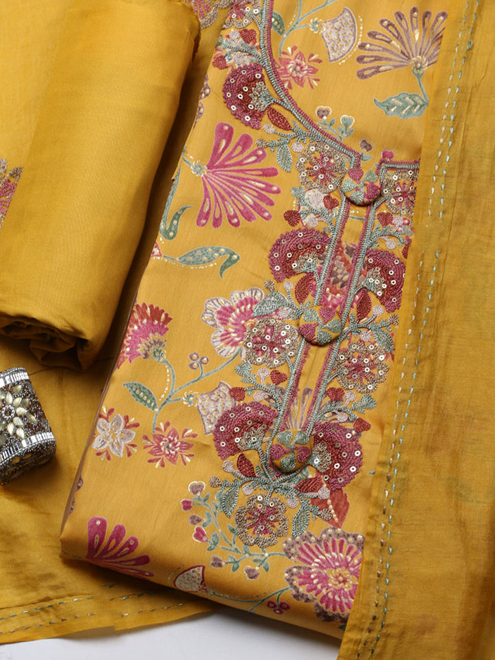 Embroidered Cotton Blend Unstitched Suit With Pant &amp; Dupatta