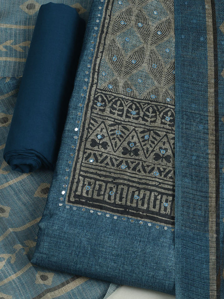 Printed Chanderi Unstitched Suit With Pant &amp; Dupatta