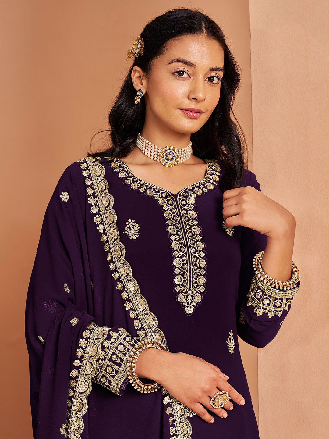 Embroidered Georgette Semi Stitched Kurta With Plazzo &amp; Dupatta