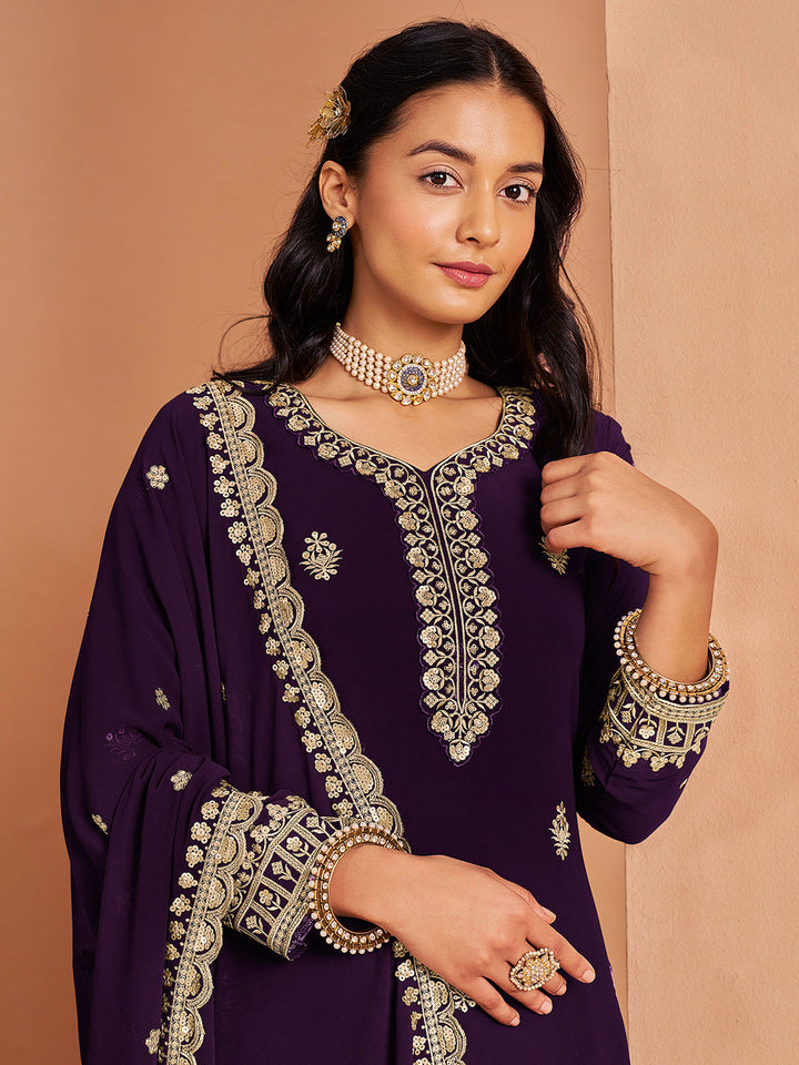 Embroidered Georgette Semi Stitched Kurta With Plazzo &amp; Dupatta