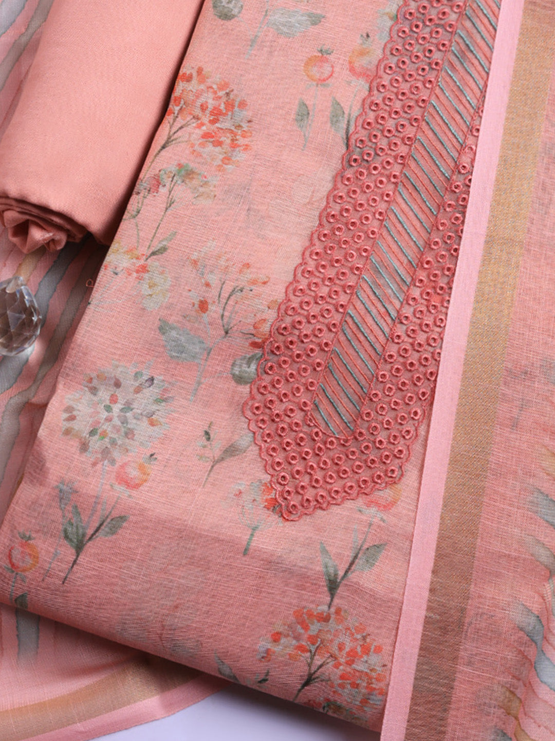Printed Linen Blend Unstitched Suit With Pant &amp; Dupatta