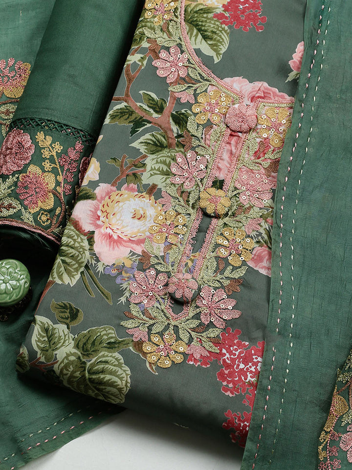 Embroidered Muslin Unstitched Suit With Pant &amp; Dupatta