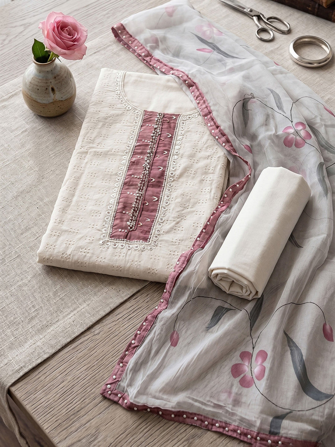 Neck Embroidered Cotton Blend Unstitched Suit With Dupatta