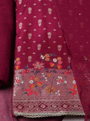 Woven Design Chanderi Wine Unstitched Suit With Pant & Dupatta