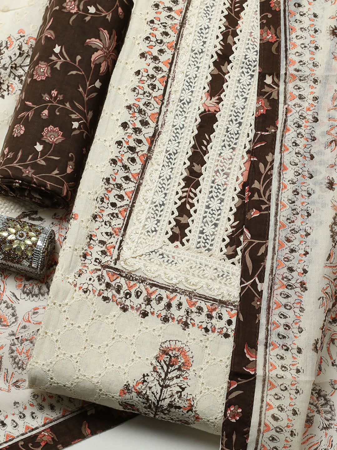 Printed Cotton Blend Unstitched Suit With Pant &amp; Dupatta