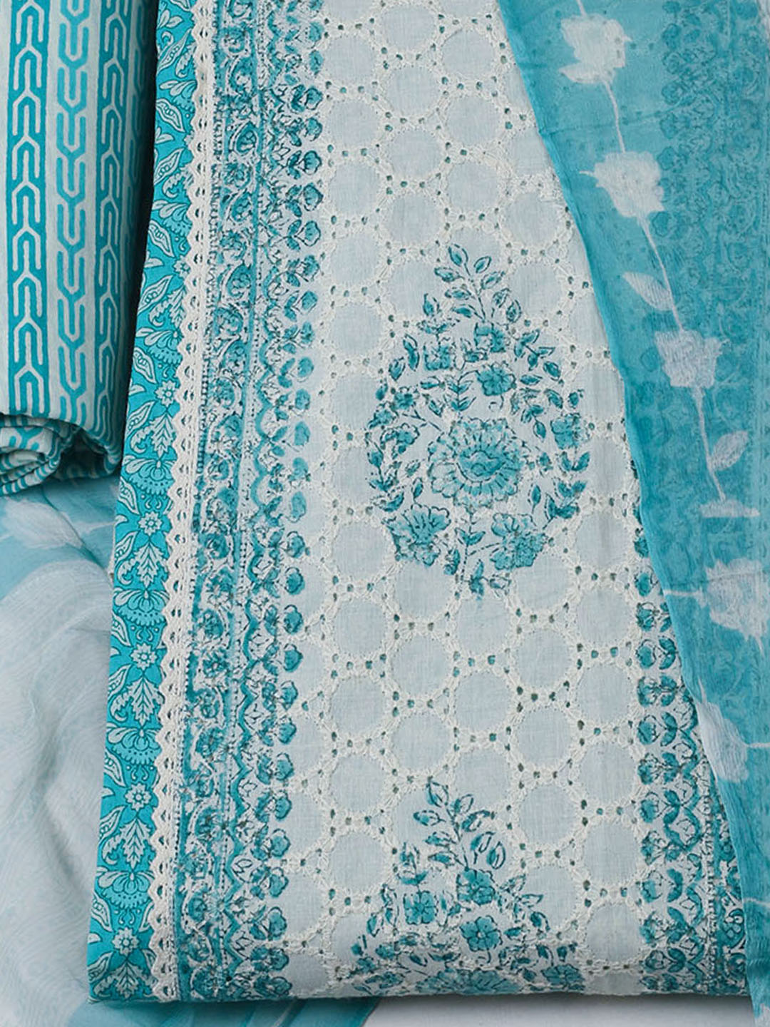 Embroidered Cotton Unstitched Suit With Pant Dupatta