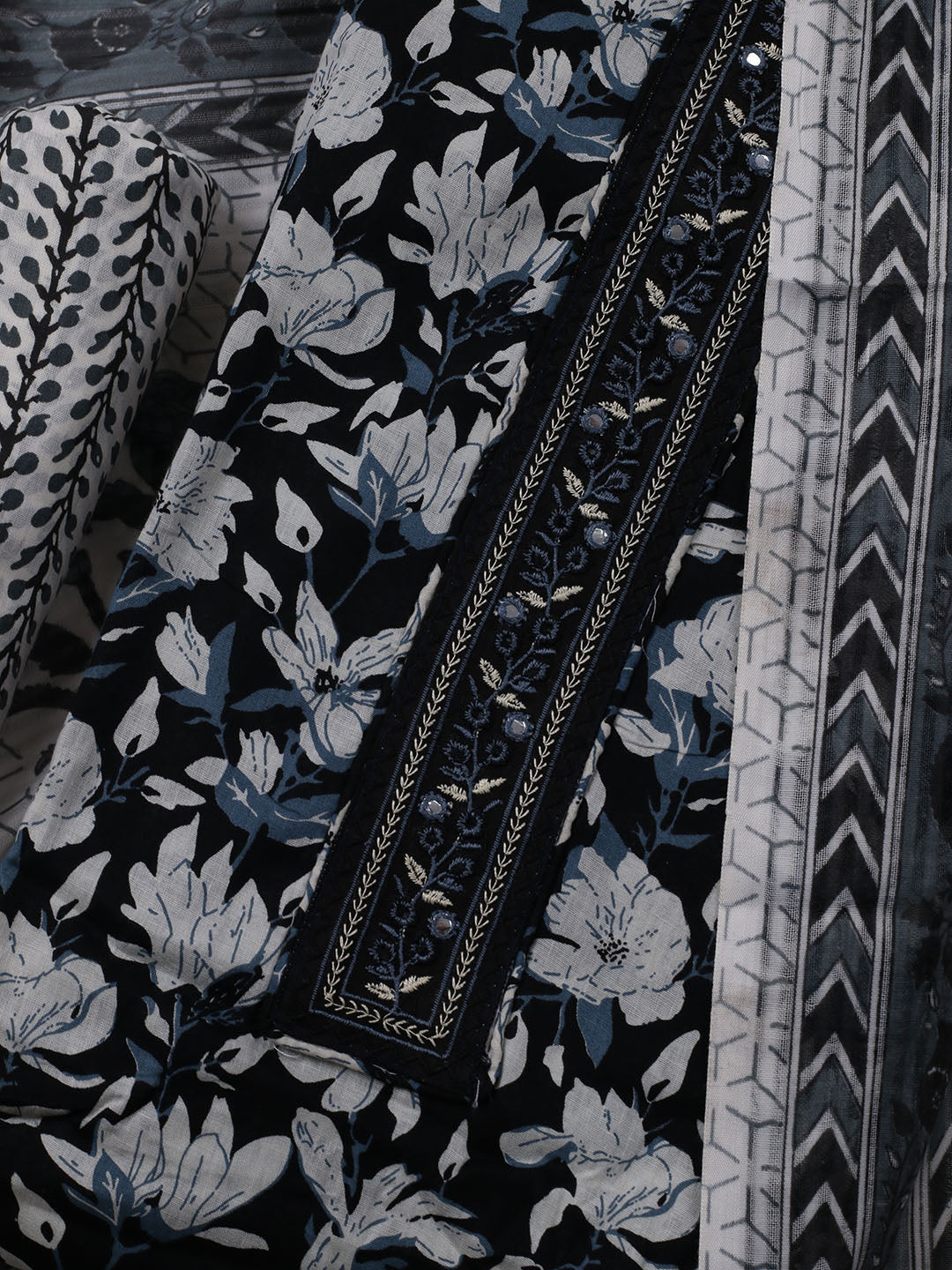 Patch Neck Cotton Blend Unstitched Suit With Dupatta