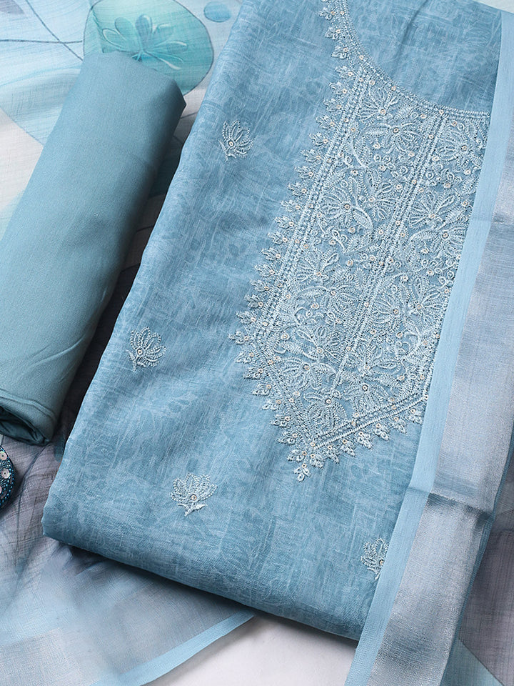 Embroidered Linen Blend UnstitchedSuit With Pant &amp; Dupatta