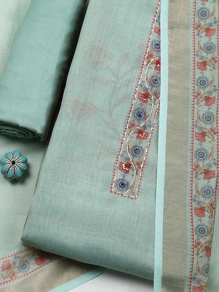 Embroidered Cotton Blend Unstitched Suit With Pant &amp; Dupatta